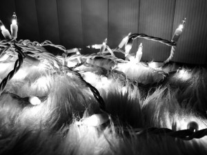 a black and white photos of christmas lights strewn across the fluffy carpet