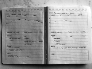 a black and white photo of an open notebook with each page being a new migraine day with a graph for pain fluctuating and space for notes and symptoms