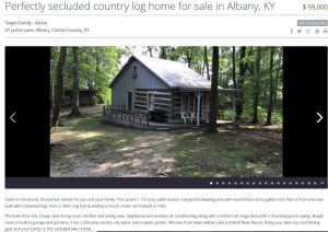 a listing for a perfectly secluded country log home for sale in albany kentucky for $59,000. It's a small blue and log cabin surrounded by trees. 