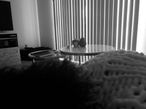 a black and white photo in my living room from under my white knit blanket looking at the closed vertical blinds