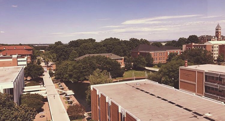 a vivid orange and pink hued photo looking down over library bridge at Clemson, various orange campus buildings spreading out in the distance between large established trees 