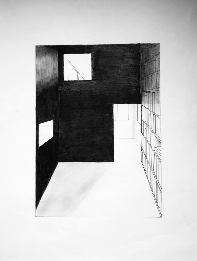 a charcoal drawing of SANAA House in a Plum Grove's black library 