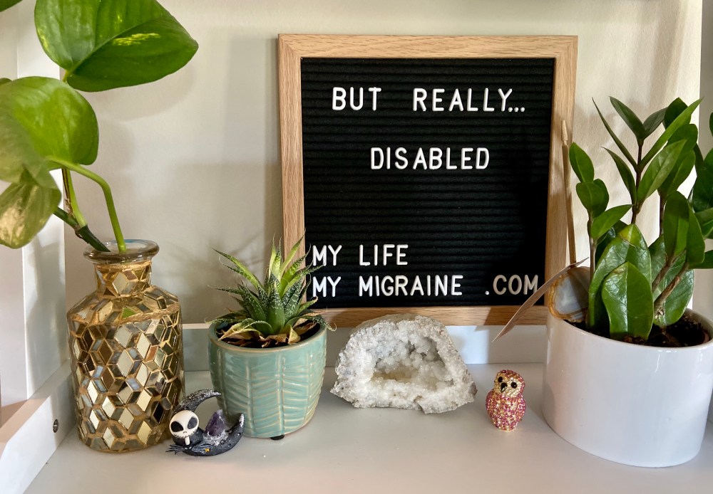 Black felt board spelling out "but really... disabled" on a shelf full of various small houseplants and geodes.