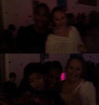 very dark photo collage of three friends, one in a white shirt at a middle school dance