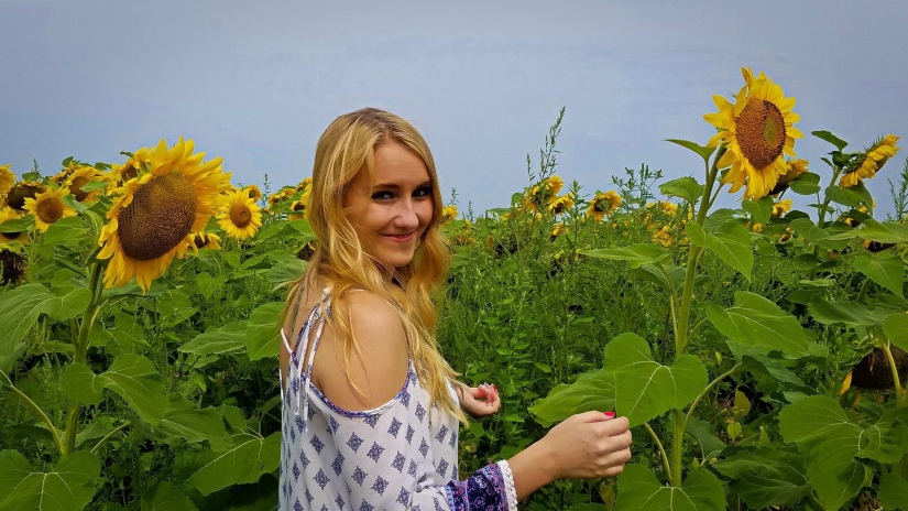 blonde girl standing in a field of sunflowers looking back at the camera.