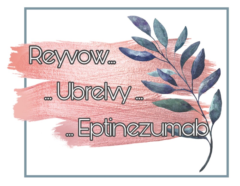 Pink smeared paint strokes with watercolor branch to the right. Text in paint says "reyvow.. ubrelvy... eptinezumab" there's a green box border around the image. 