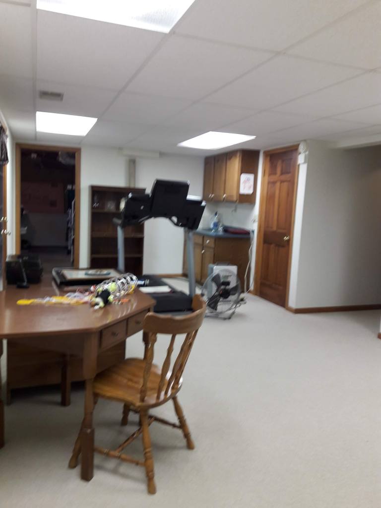 Blurry photo showing old basement with carpeted floors and a small bar area. 