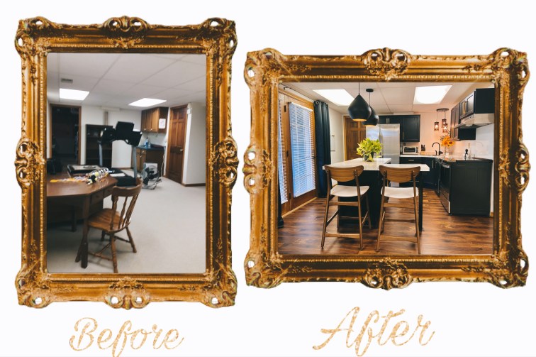 Kitchen before and after done in gold frames 