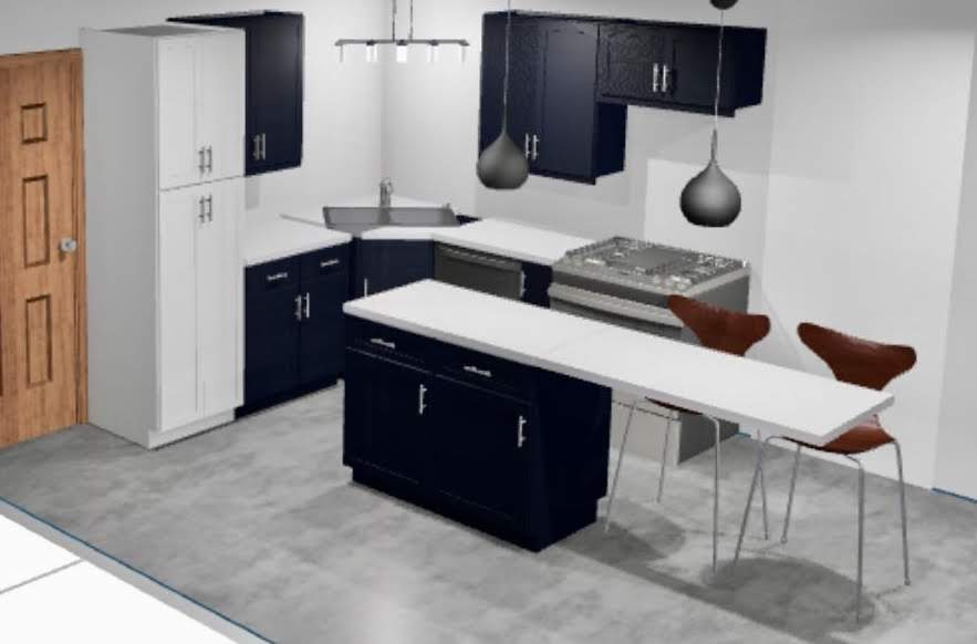 Original rendering of kitchen space, showing cabinetry lining the existing wall with plumbing and the wall next to it, with a long island in the center of the space. 