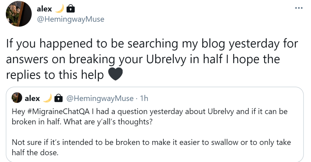 link to Tweet answering Ubrelvy being split in half