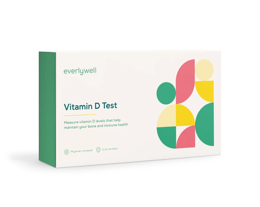 everywell test kit for Vitamin D, it is a white box with green sides and the everywell logo