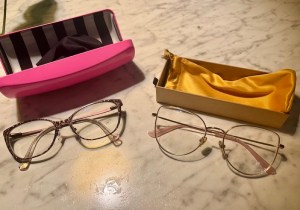 Original glasses on the left are heavier, betsey johnson leopard print frames Vs thin champagne gold titanium cat eye frames on the right which are a bit lighter