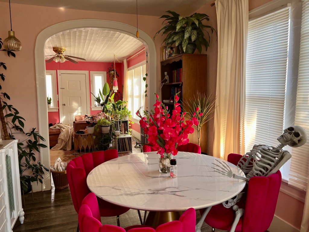 view from my dining room into my living room, the warm sunlight makes the soft pink room glow the hot pink chairs surrounding the dining table topped with a pink flower bouquet vivid. Edgar the skeleton seated here. Through the archway, the watermelon pink living room unfolds full of plants, records filling shelves, and patterns and textures covering the floors and couch.